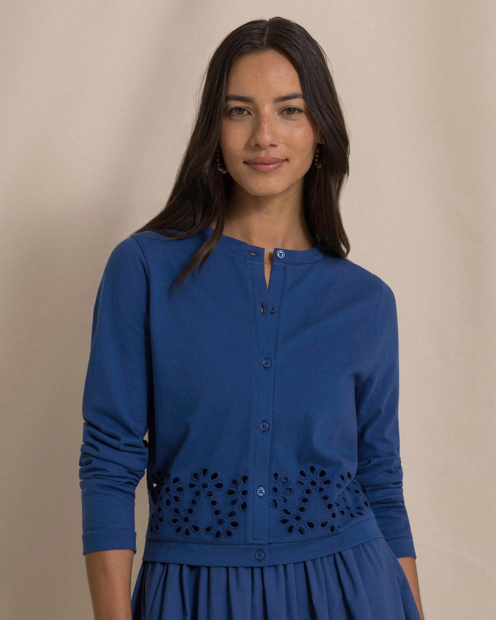 The front view of the Southern Tide Holland Embroidered Cardigan by Southern Tide - Nautical Blue