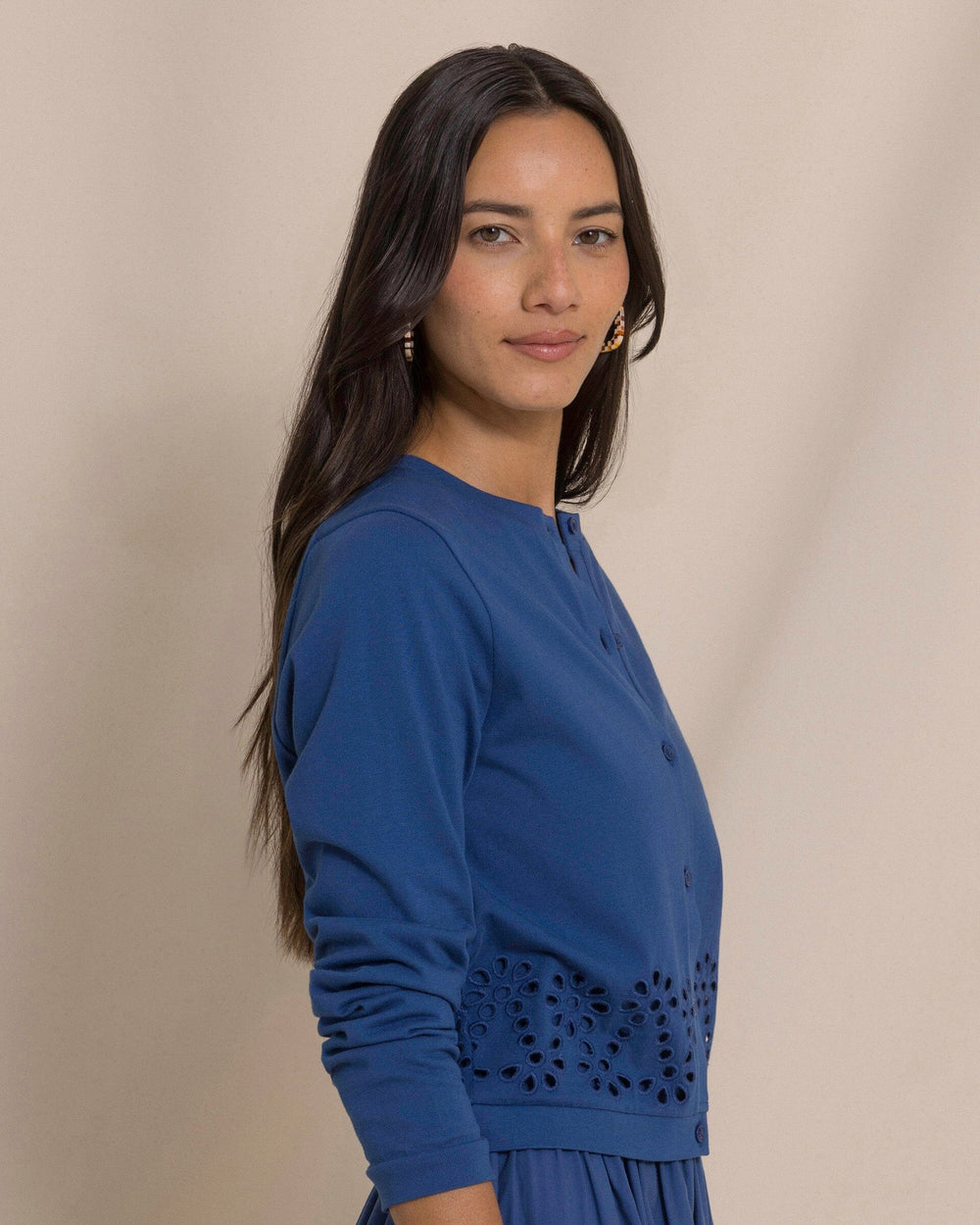 The side view of the Southern Tide Holland Embroidered Cardigan by Southern Tide - Nautical Blue