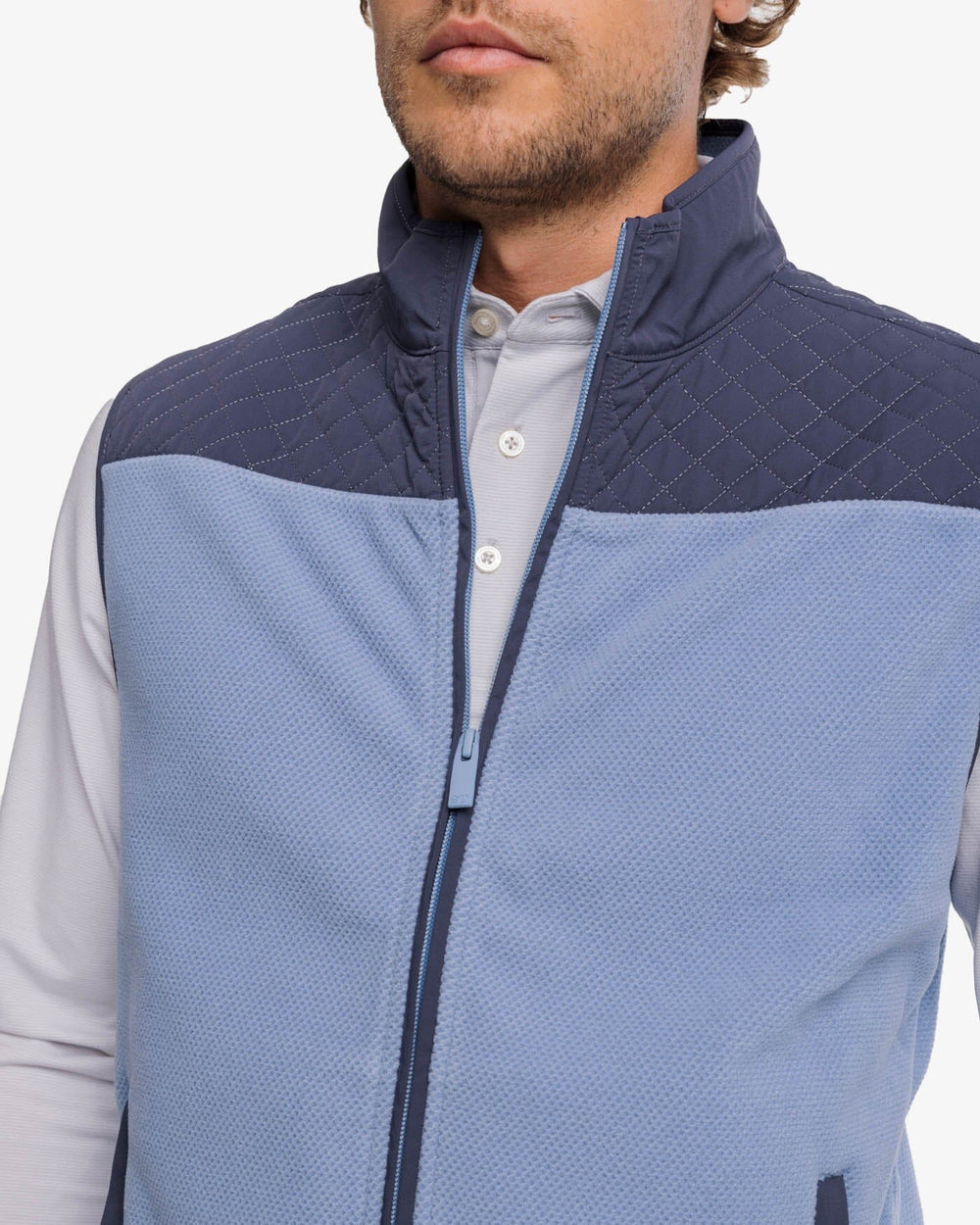 The detail view of the Southern Tide Hucksley Vest by Southern Tide - Mountain Spring Blue