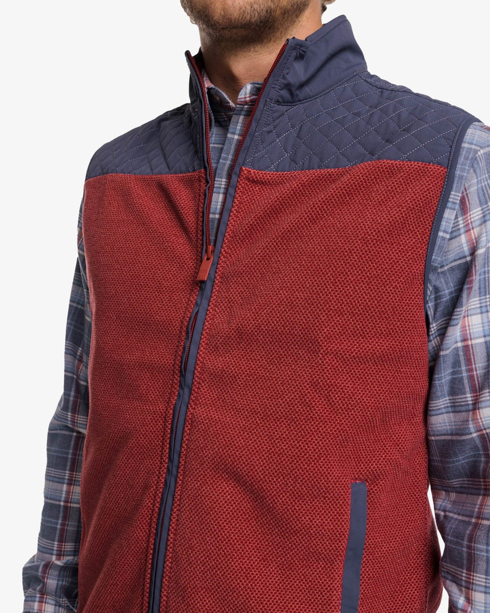The detail view of the Southern Tide Hucksley Vest by Southern Tide - Tuscany Red