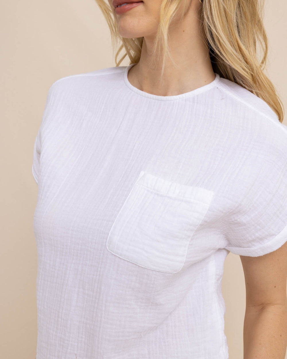 The detail view of the Southern Tide Imogen Double Cloth Top by Southern Tide - Classic White