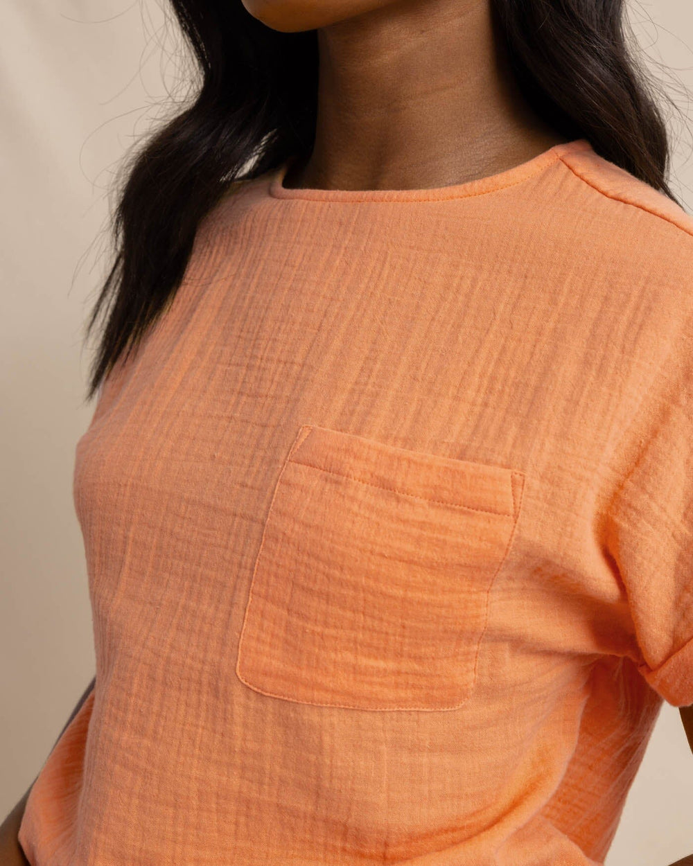 The detail view of the Southern Tide Imogen Double Cloth Top by Southern Tide - Peach Parfait