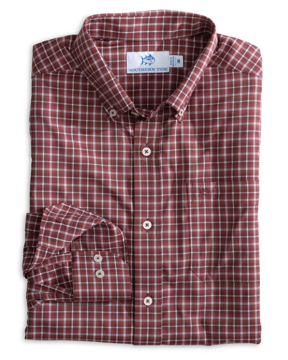 The front view of the Southern Tide Intercoastal Ardmore Plaid Long Sleeve Sportshirt by Southern Tide - Bordeaux Red