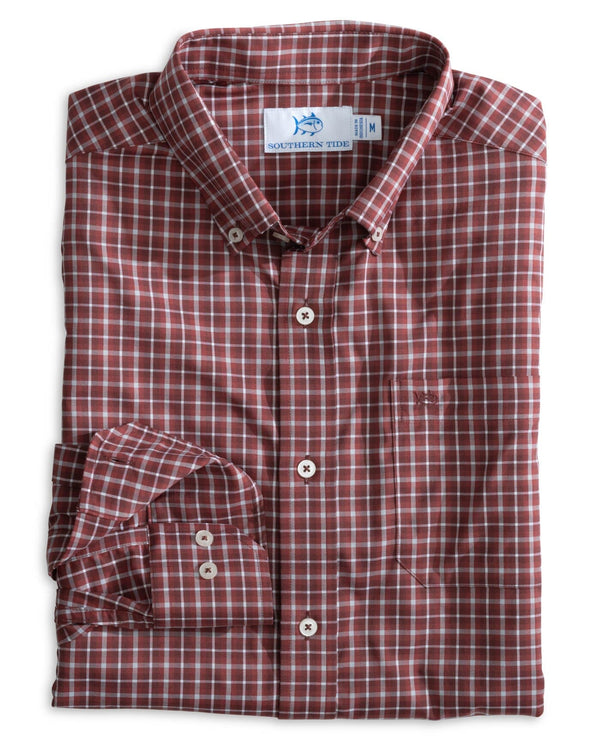 The front view of the Southern Tide Intercoastal Ardmore Plaid Long Sleeve Sportshirt by Southern Tide - Bordeaux Red