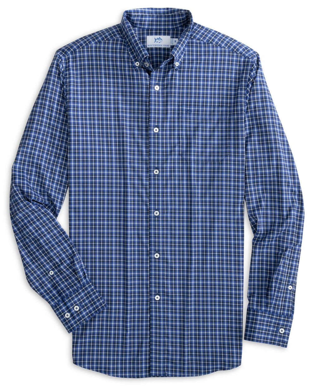 The front view of the Southern Tide Intercoastal Ardmore Plaid Long Sleeve Sportshirt by Southern Tide - Dress Blue