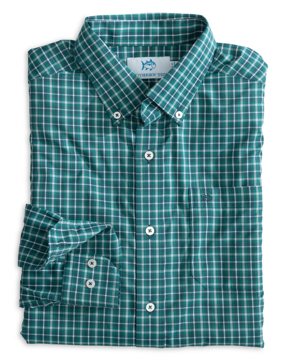The front view of the Southern Tide Intercoastal Ardmore Plaid Long Sleeve Sportshirt by Southern Tide - Georgian Bay Green