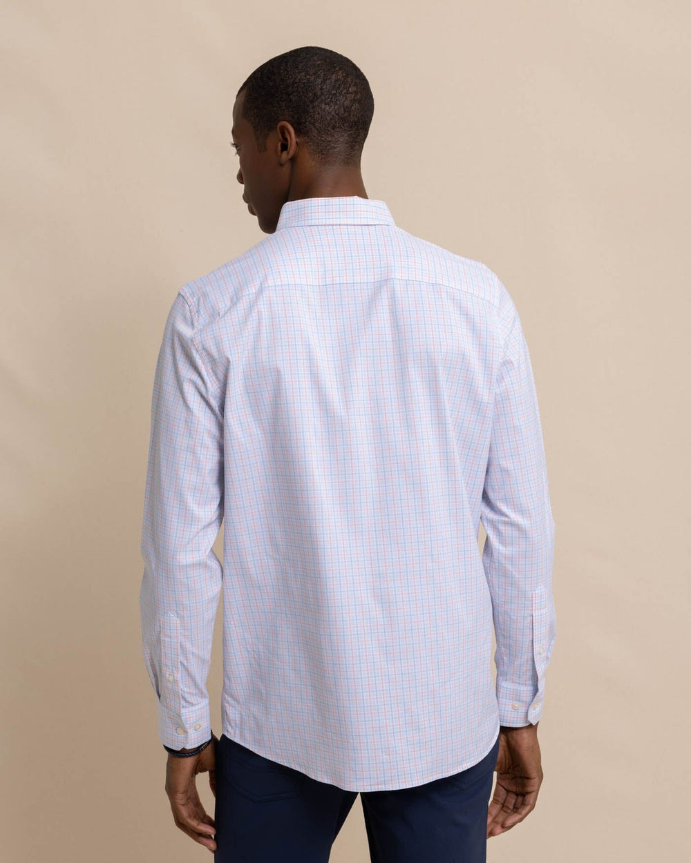 The back view of the Southern Tide Intercoastal Falls Park Plaid Long Sleeve SportShirt by Southern Tide - Clearwater Blue