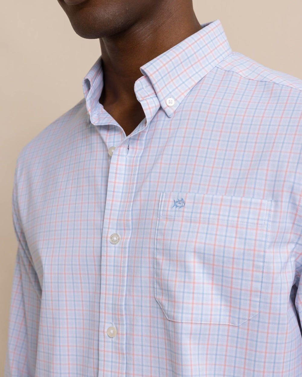 The detail view of the Southern Tide Intercoastal Falls Park Plaid Long Sleeve SportShirt by Southern Tide - Clearwater Blue