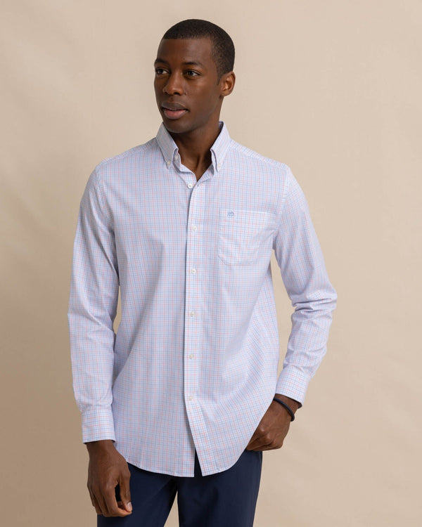 The front view of the Southern Tide Intercoastal Falls Park Plaid Long Sleeve SportShirt by Southern Tide - Clearwater Blue