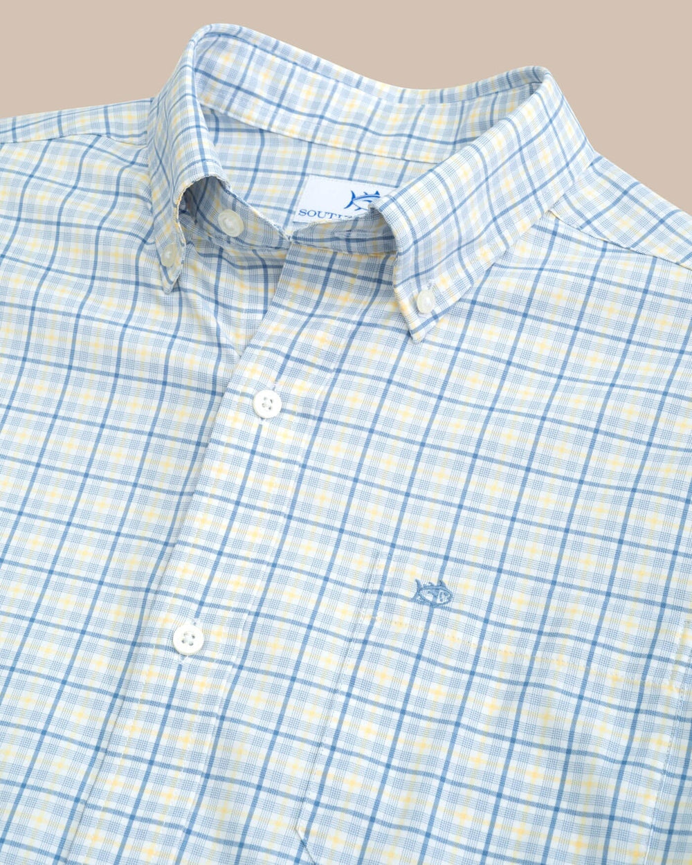 The detail view of the Southern Tide Intercoastal Falls Park Plaid Long Sleeve SportShirt by Southern Tide - Coronet Blue
