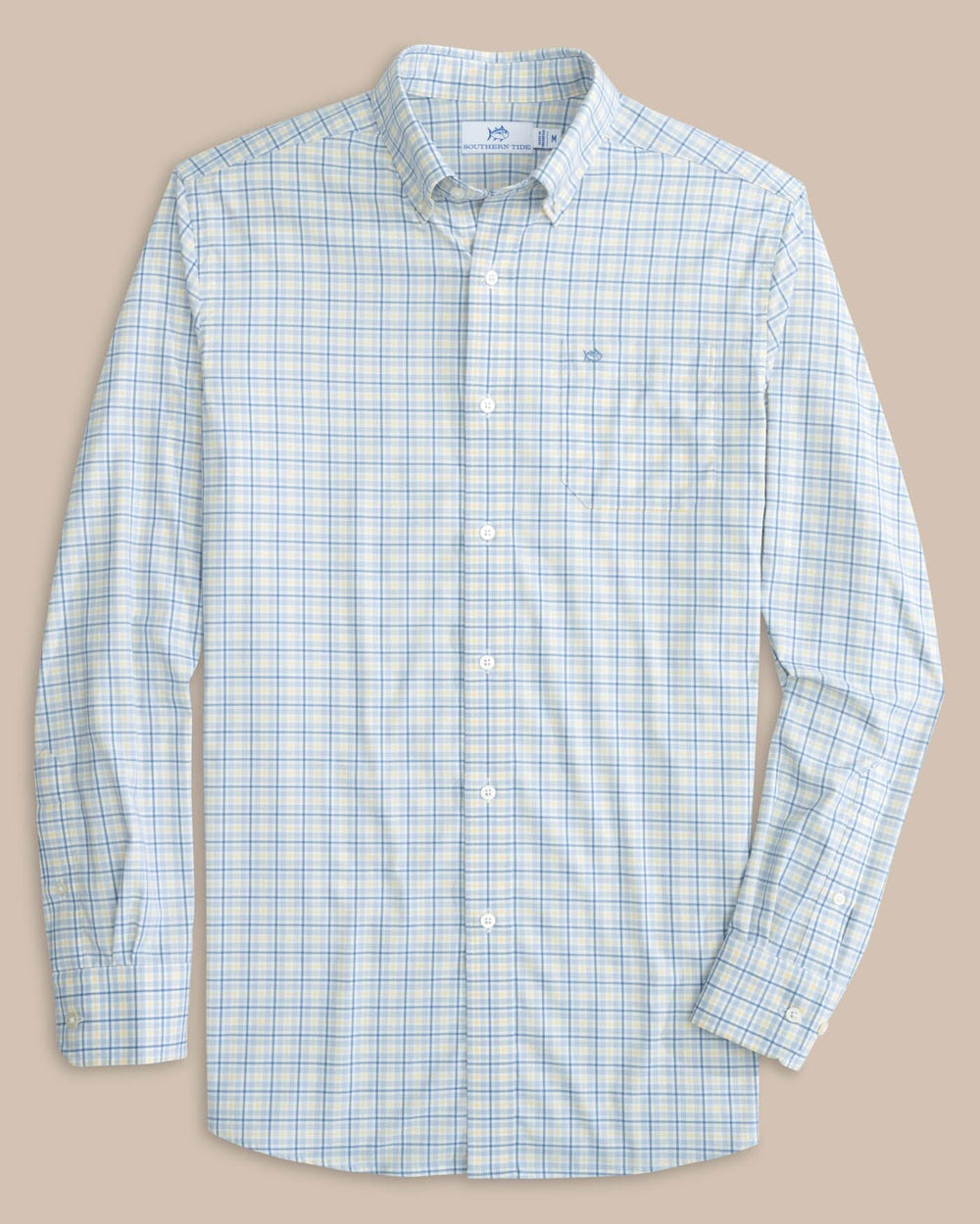 The front view of the Southern Tide Intercoastal Falls Park Plaid Long Sleeve SportShirt by Southern Tide - Coronet Blue
