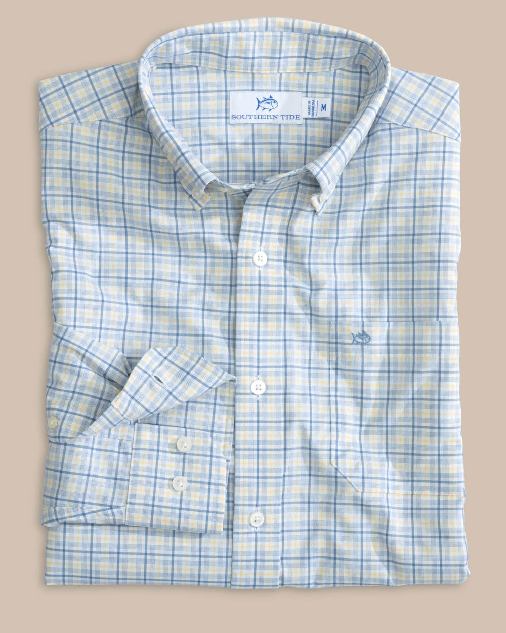 The front view of the Southern Tide Intercoastal Falls Park Plaid Long Sleeve SportShirt by Southern Tide - Coronet Blue