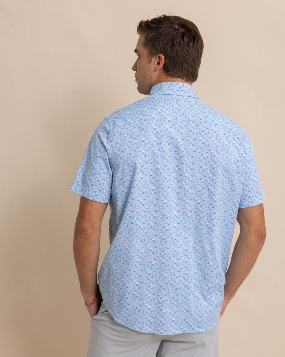 The back view of the Southern Tide Intercoastal Forget A-Boat It Short Sleeve SportShirt by Southern Tide - Clearwater Blue