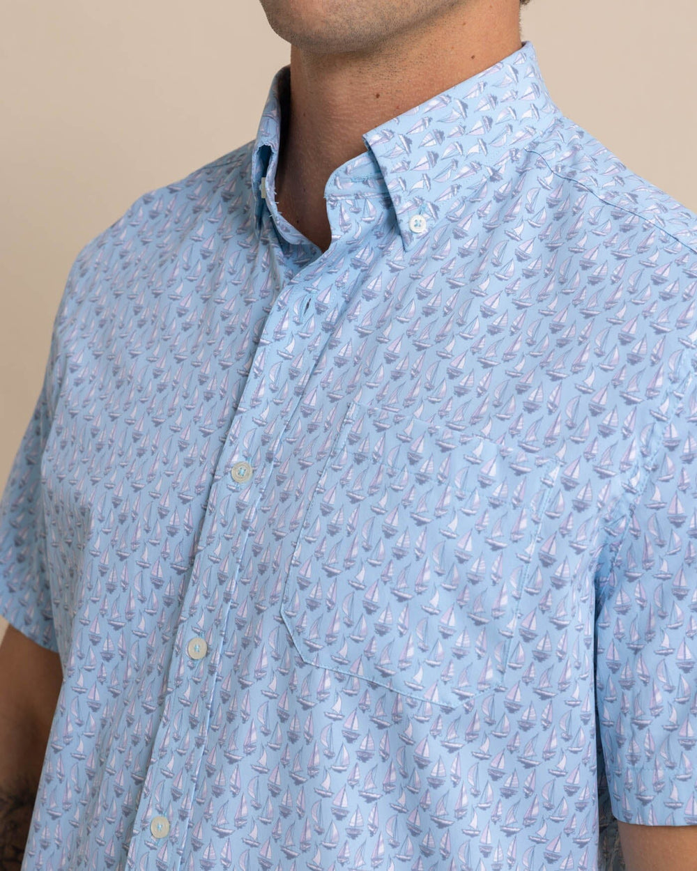 The detail view of the Southern Tide Intercoastal Forget A-Boat It Short Sleeve SportShirt by Southern Tide - Clearwater Blue