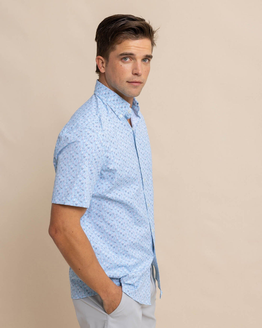 The front view of the Southern Tide Intercoastal Forget A-Boat It Short Sleeve SportShirt by Southern Tide - Clearwater Blue
