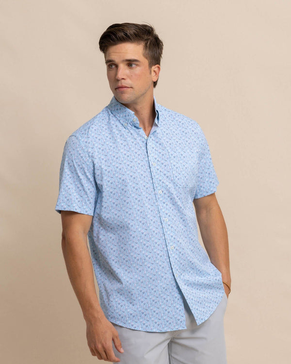 The front view of the Southern Tide Intercoastal Forget A-Boat It Short Sleeve SportShirt by Southern Tide - Clearwater Blue