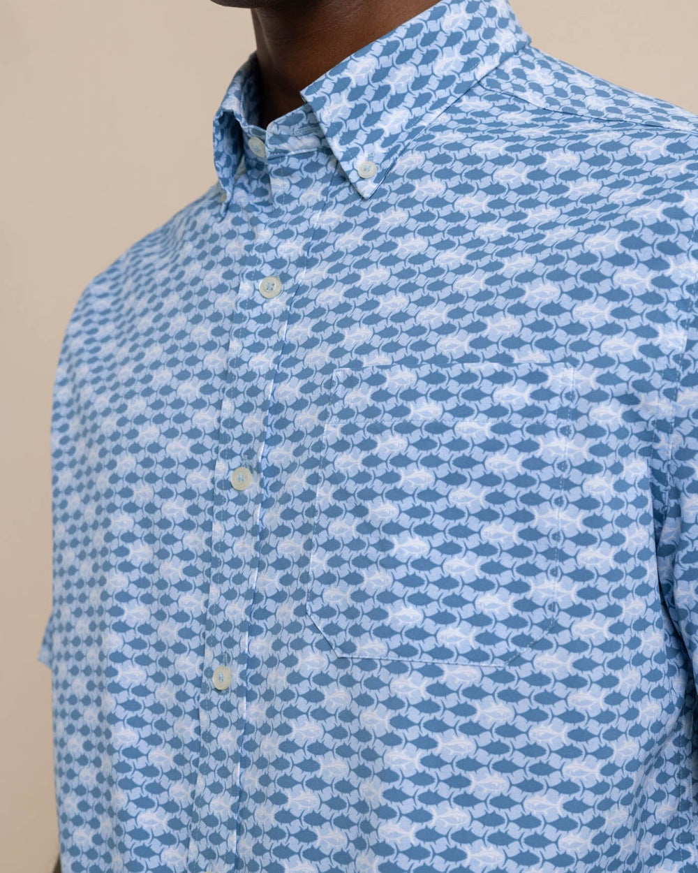 The detail view of the Southern Tide Intercoastal Heather Skipping Jacks Short Sleeve Sport Shirt by Southern Tide - Heather Clearwater Blue