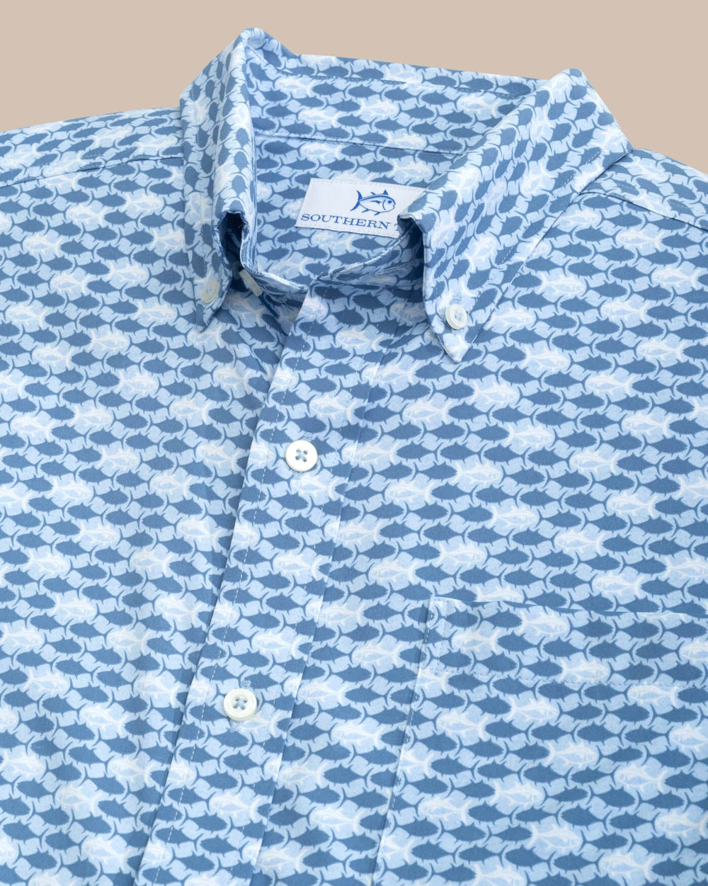 The detail view of the Southern Tide Intercoastal Heather Skipping Jacks Short Sleeve Sportshirt by Southern Tide - Heather Clearwater Blue
