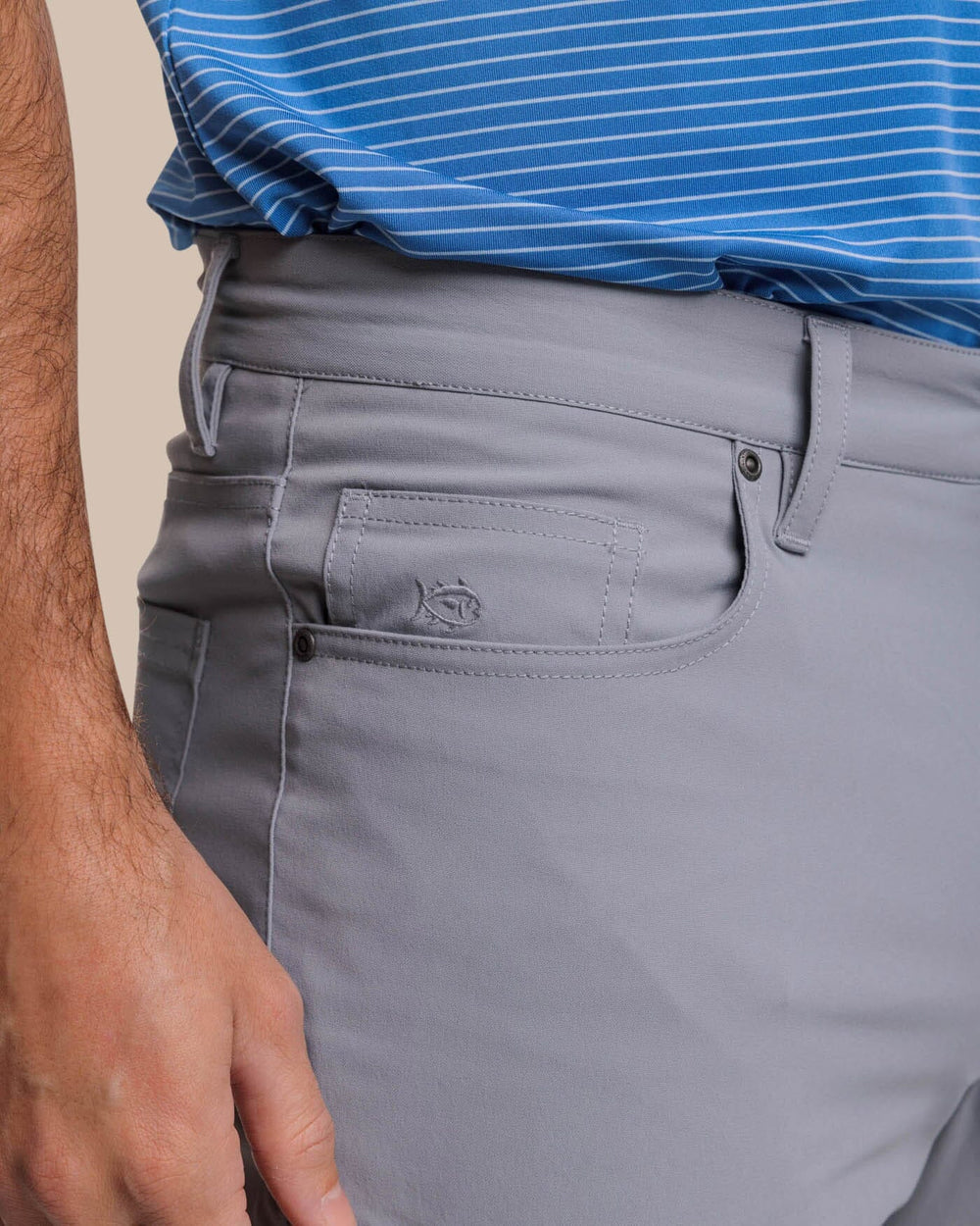 The detail view of the Southern Tide Intercoastal Performance Pant Steel Grey by Southern Tide - Steel Grey