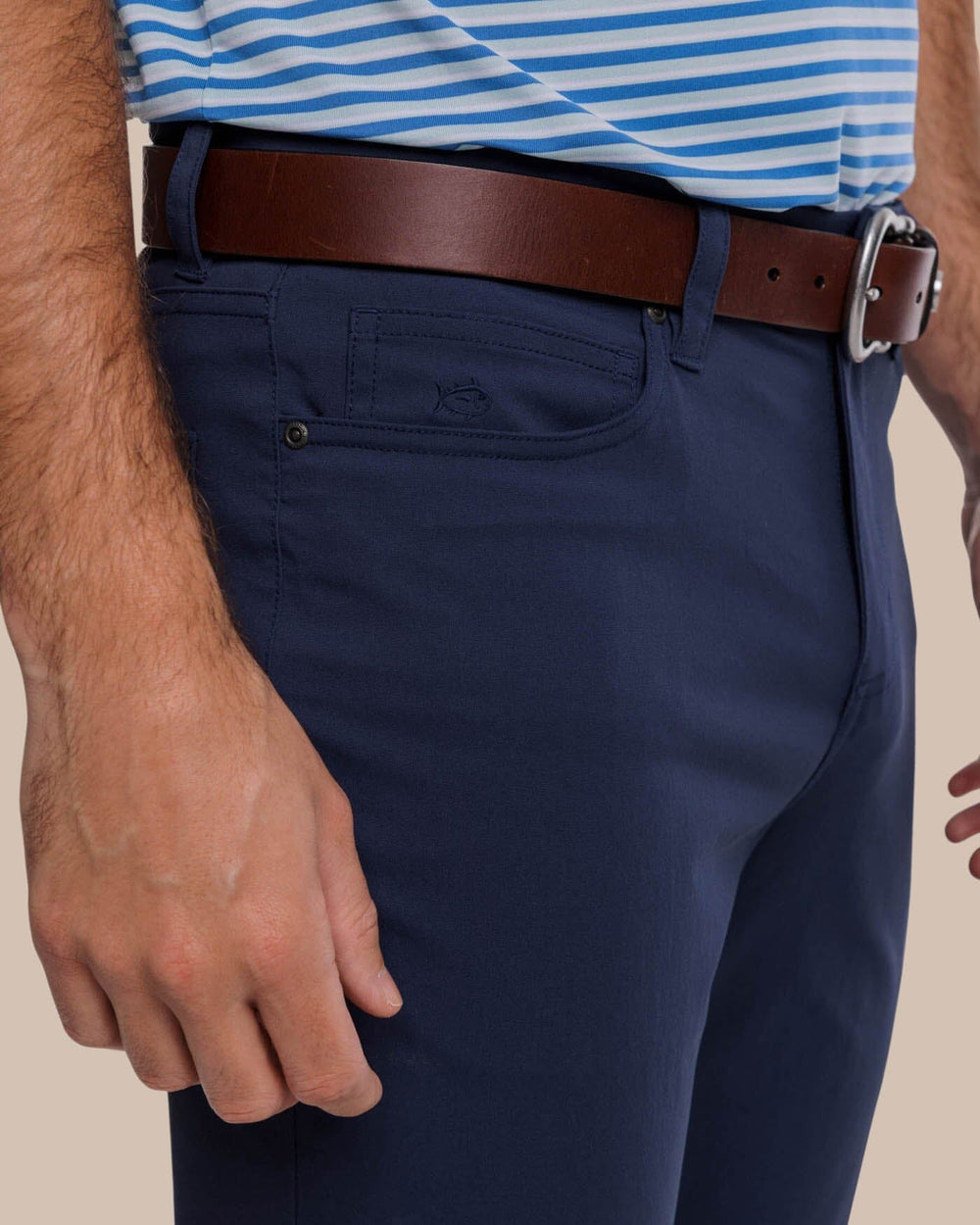 The detail view of the Southern Tide Intercoastal Performance Pant by Southern Tide - True Navy