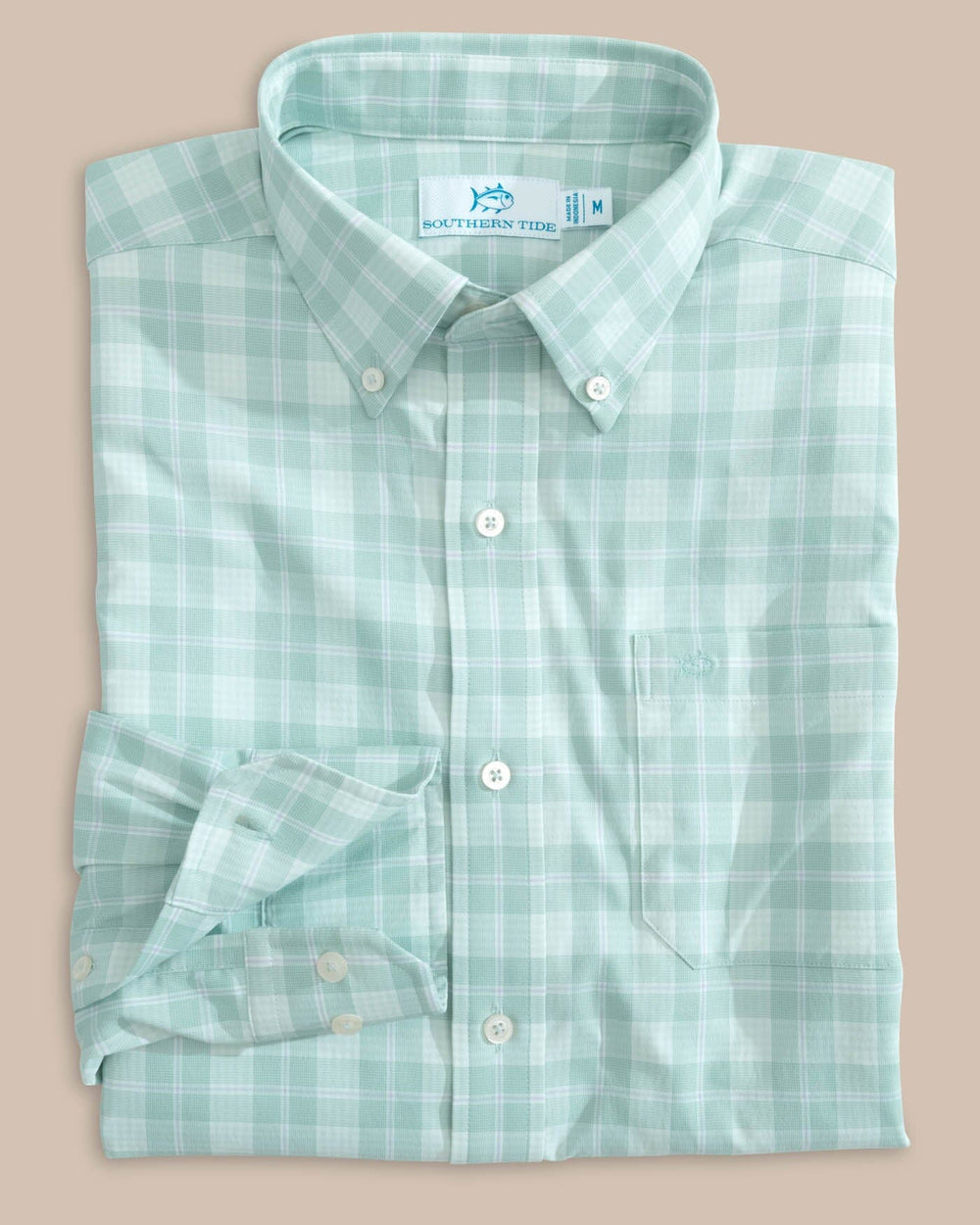 The front view of the Southern Tide Intercoastal Primrose Plaid Long Sleeve Sport Shirt by Southern Tide - Morning Mist Sage