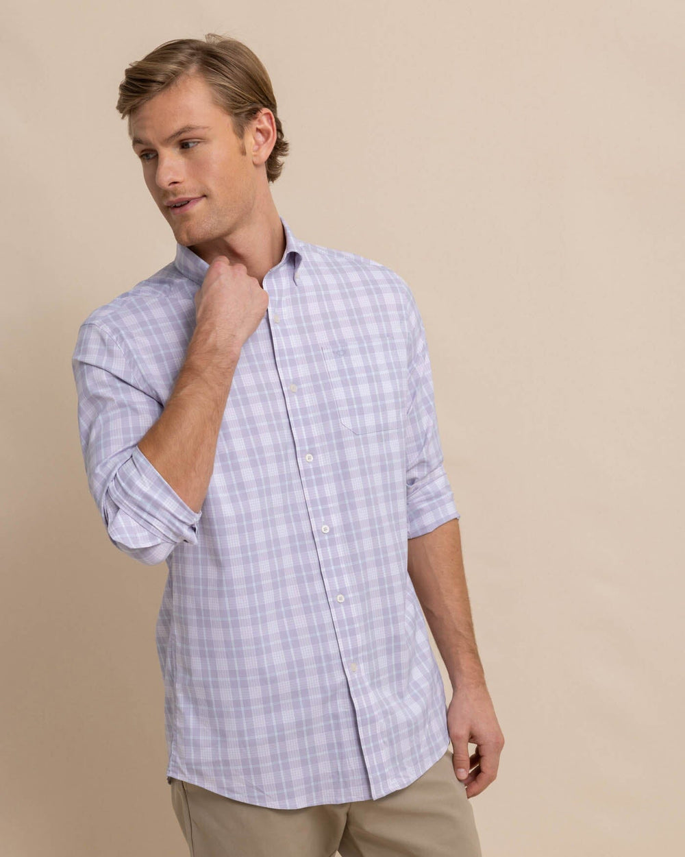 The front view of the Southern Tide Intercoastal Primrose Plaid Long Sleeve Sport Shirt by Southern Tide - Orchid Petal