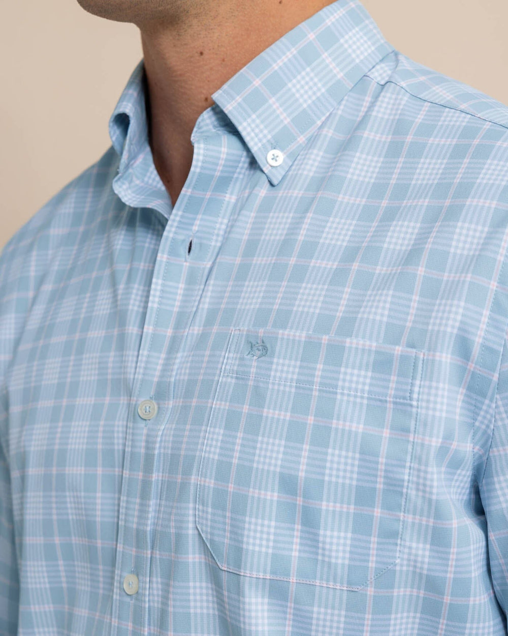 The detail view of the Southern Tide Intercoastal Primrose Plaid Long Sleeve Sport Shirt by Southern Tide - Subdued Blue