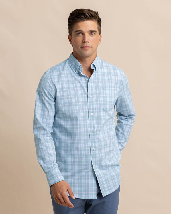 The front view of the Southern Tide Intercoastal Primrose Plaid Long Sleeve Sport Shirt by Southern Tide - Subdued Blue