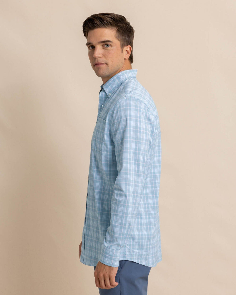 The front view of the Southern Tide Intercoastal Primrose Plaid Long Sleeve Sport Shirt by Southern Tide - Subdued Blue