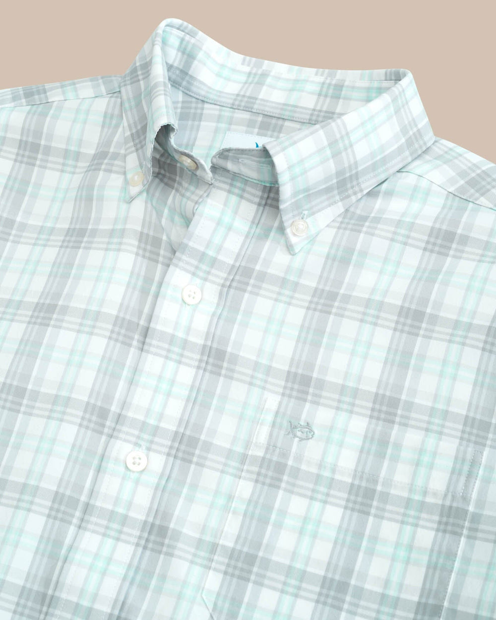 The detail view of the Southern Tide Intercoastal West End Plaid Long Sleeve Sport Shirt by Southern Tide - Platinum Grey
