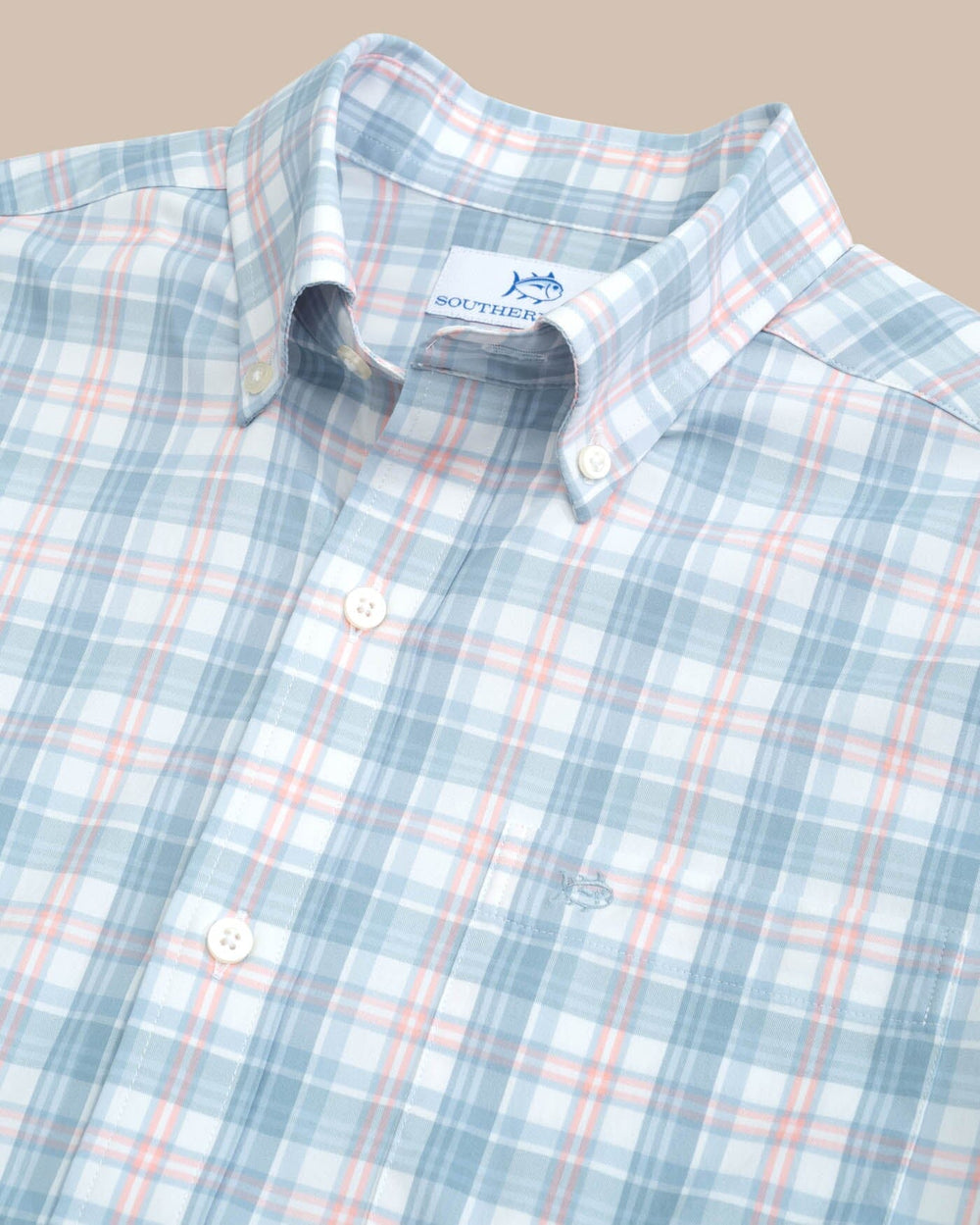 The detail view of the Southern Tide Intercoastal West End Plaid Long Sleeve Sport Shirt by Southern Tide - Subdued Blue
