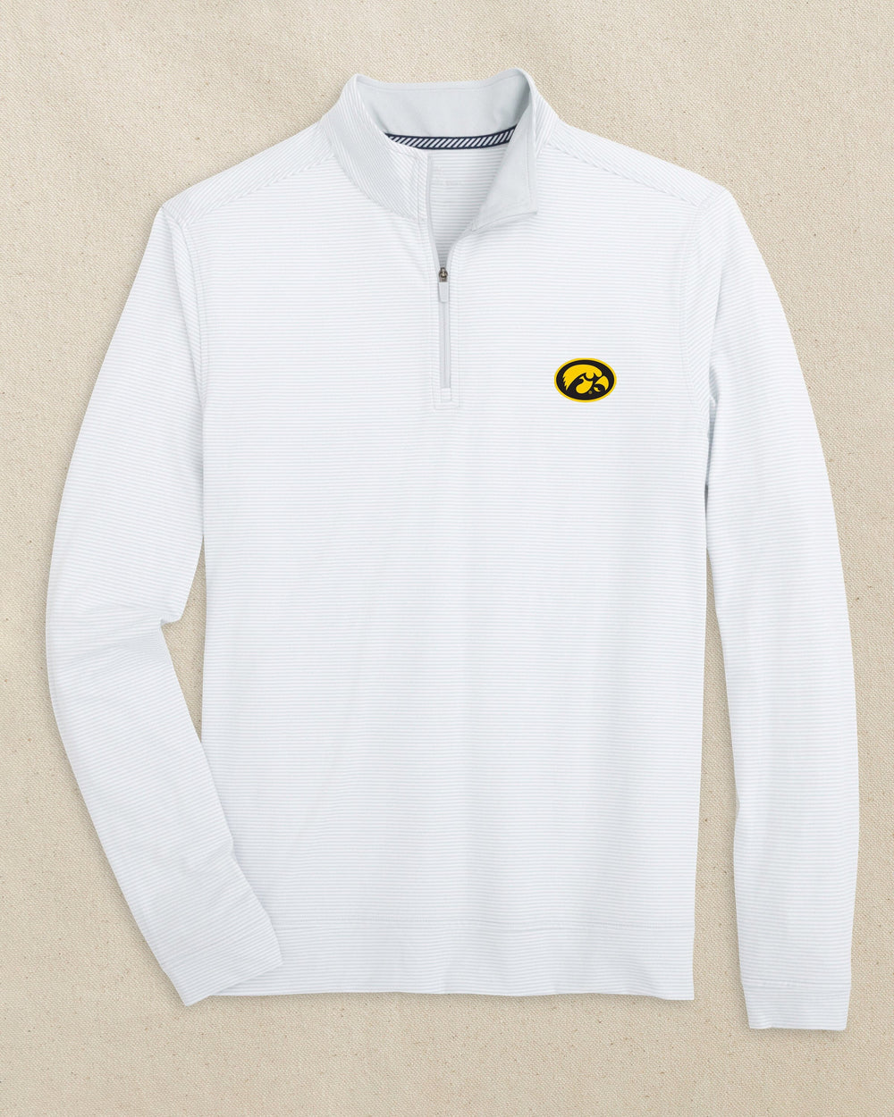 The front view of the Southern Tide Iowa Hawkeyes Cruiser Micro-Stripe Quarter Zip by Southern Tide - Heather Slate Grey