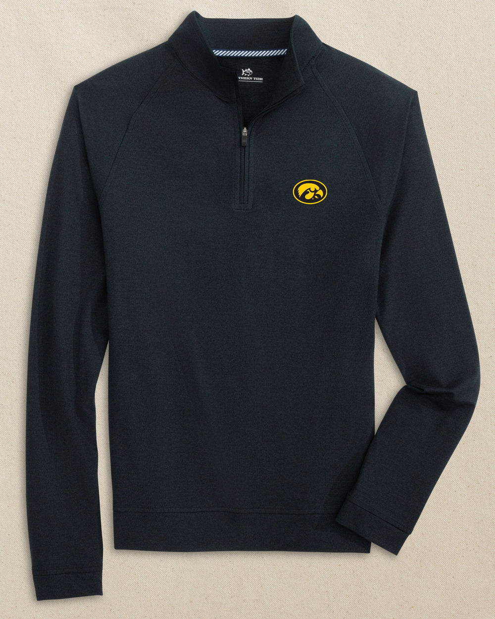 The front view of the Southern Tide Iowa Hawkeyes Cruiser Quarter Zip by Southern Tide - Heather Caviar Black
