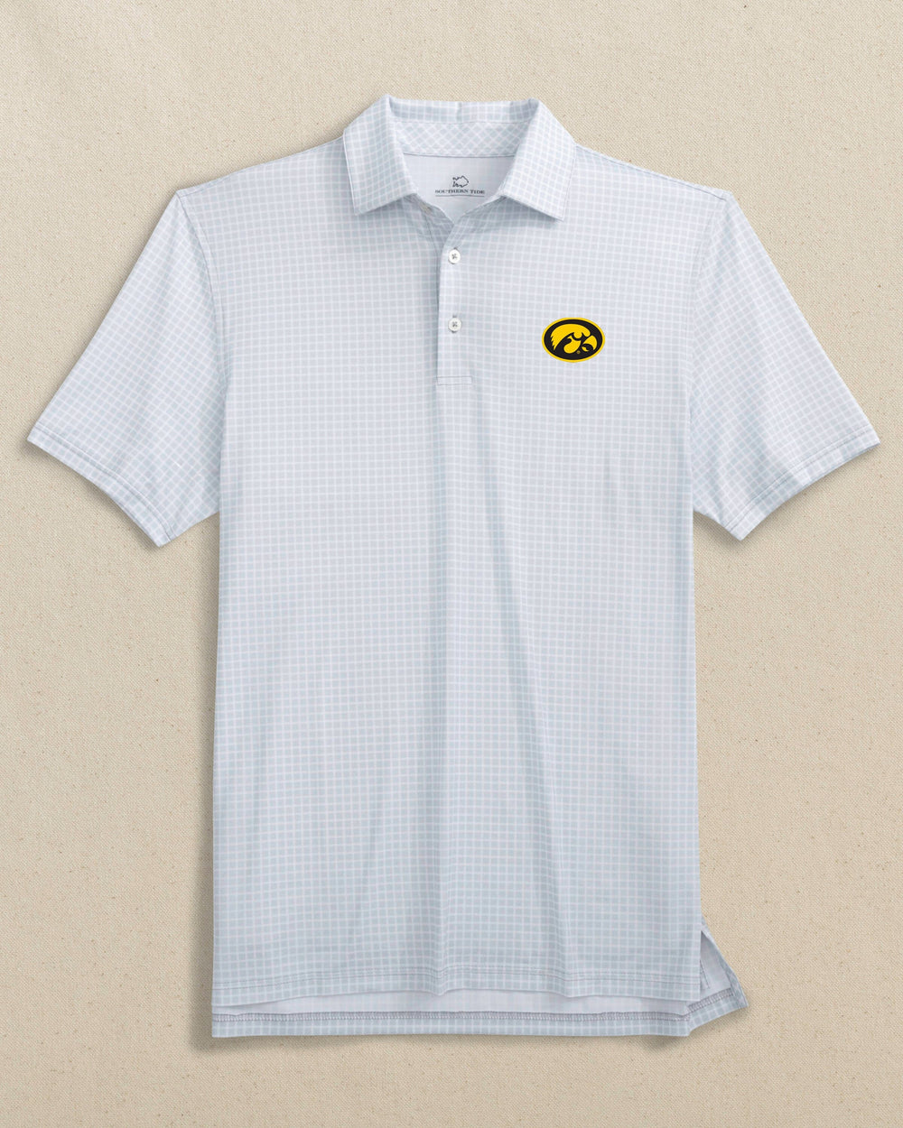 The front view of the Southern Tide Iowa Hawkeyes Driver Dunes Edge Plaid Polo by Southern Tide - Slate Grey