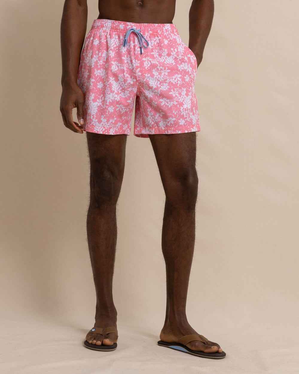 The front view of the Southern Tide Island Blooms Swim Trunk by Southern Tide - Geranium Pink
