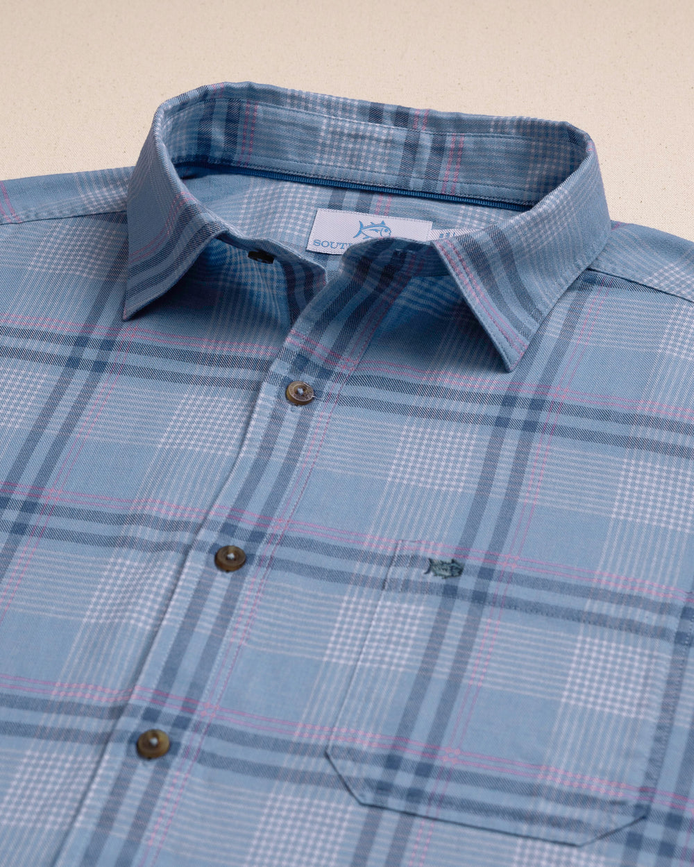 The detail view of the Southern Tide Island Breeze Heather Brushed Twill Sport Shirt by Southern Tide - Heather Ocean Channel