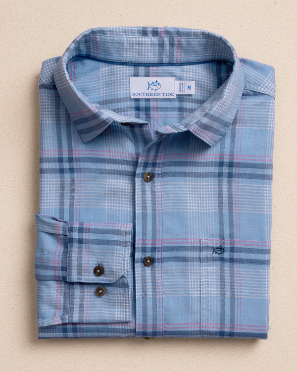 The front view of the Southern Tide Island Breeze Heather Brushed Twill Sport Shirt by Southern Tide - Heather Ocean Channel