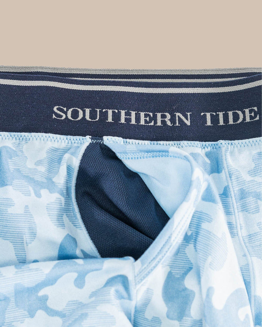 The detail view of the Southern Tide Island Camo Boxer Brief by Southern Tide - Clearwater Blue