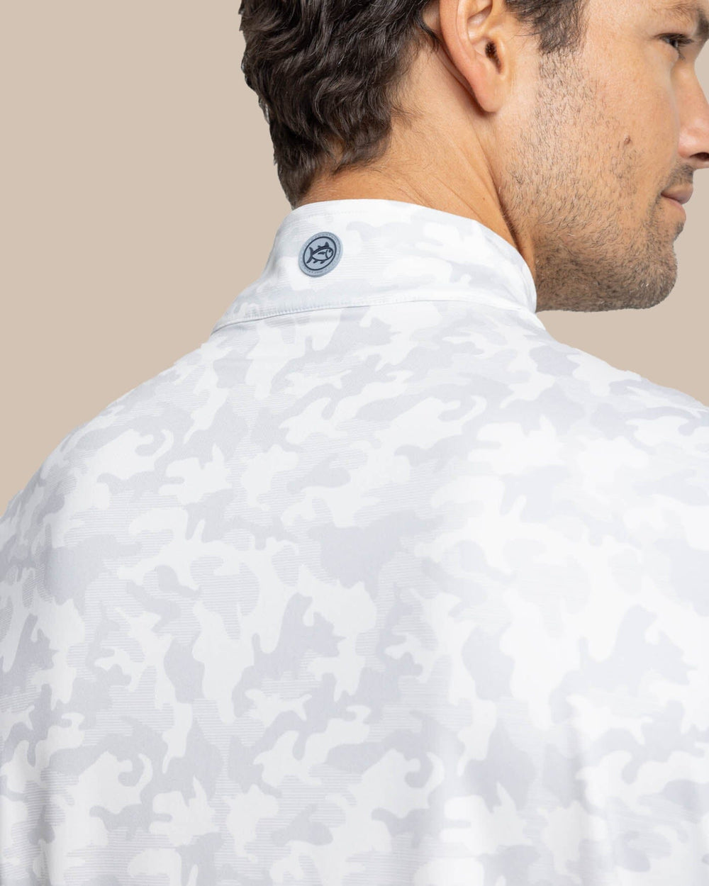 The detail view of the Southern Tide Island Camo Print Cruiser Quarter Zip by Southern Tide - Classic White