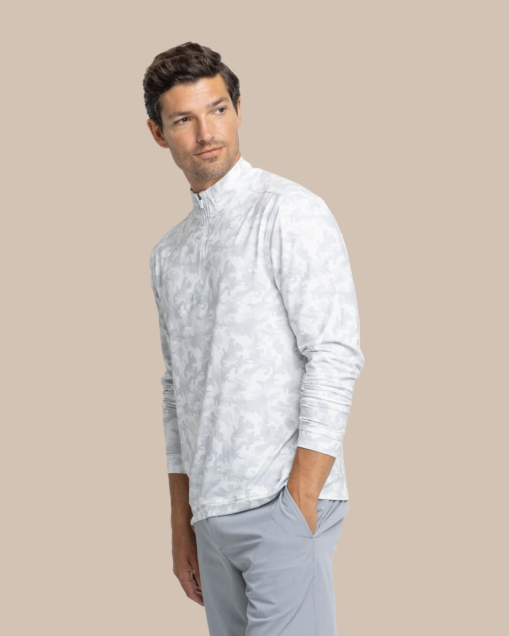 The front view of the Southern Tide Island Camo Print Cruiser Quarter Zip by Southern Tide - Classic White