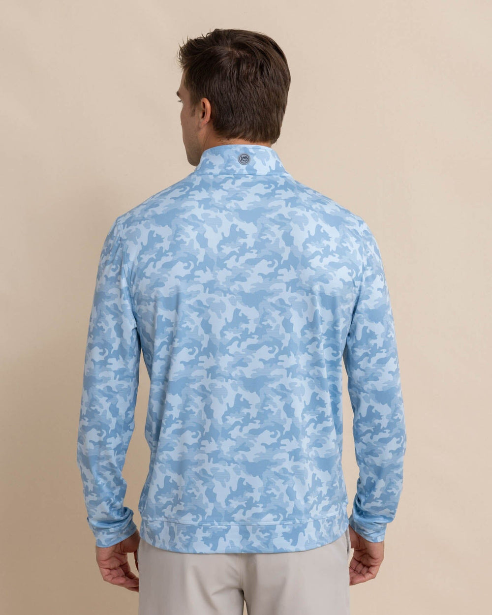 The back view of the Southern Tide Island Camo Print Cruiser Quarter Zip by Southern Tide - Clearwater Blue
