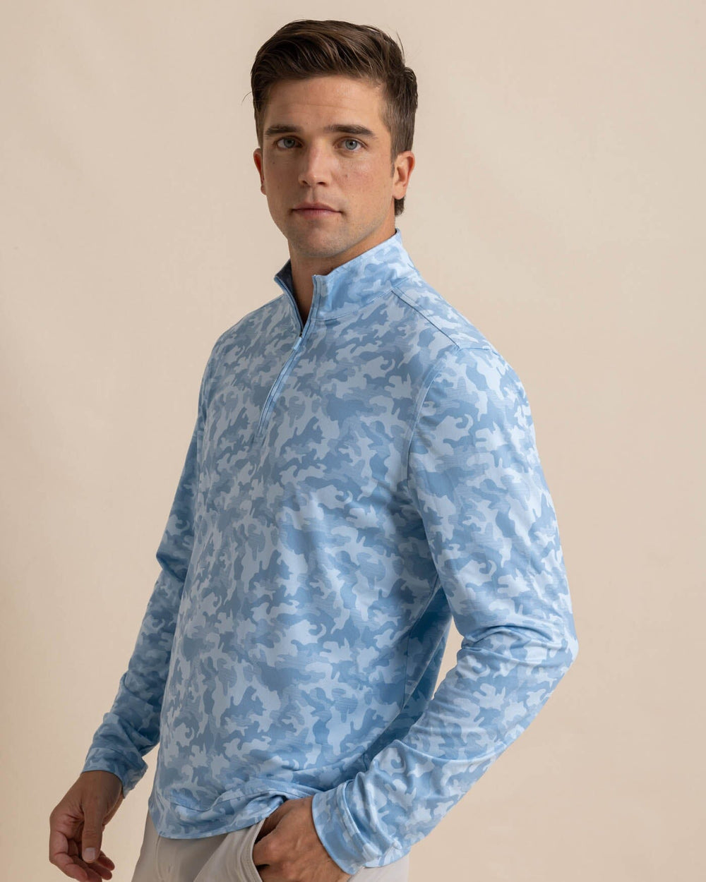 The front view of the Southern Tide Island Camo Print Cruiser Quarter Zip by Southern Tide - Clearwater Blue