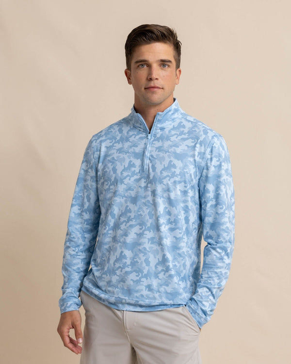 The front view of the Southern Tide Island Camo Print Cruiser Quarter Zip by Southern Tide - Clearwater Blue