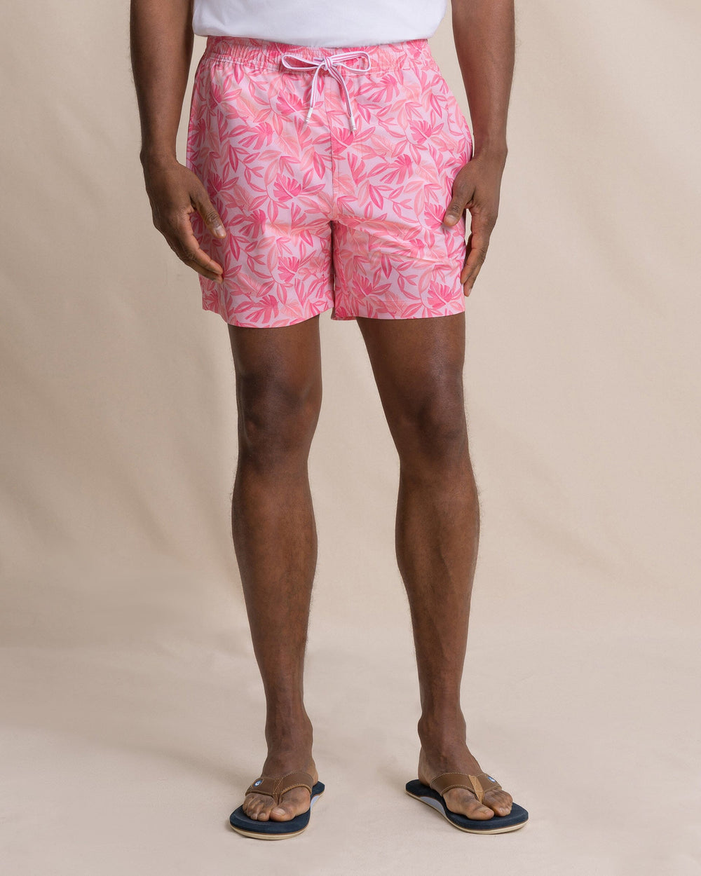 The front view of the Southern Tide Island Fronds Maritime Swim Trunk by Southern Tide - Sea Pink