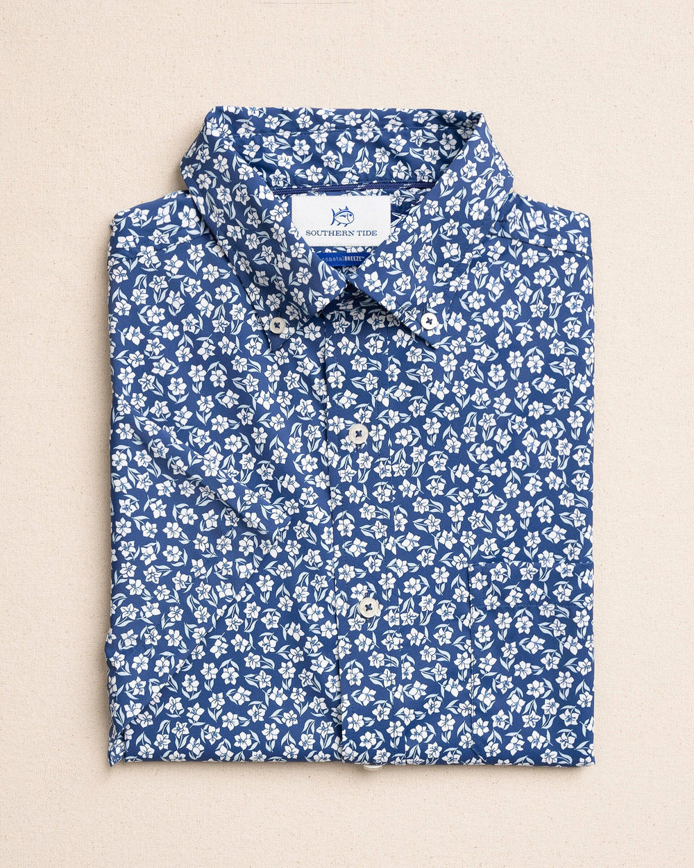 The front view of the Southern Tide Island Infusion Coastal Breeze® Short Sleeve Sport Shirt by Southern Tide - Nautical Blue