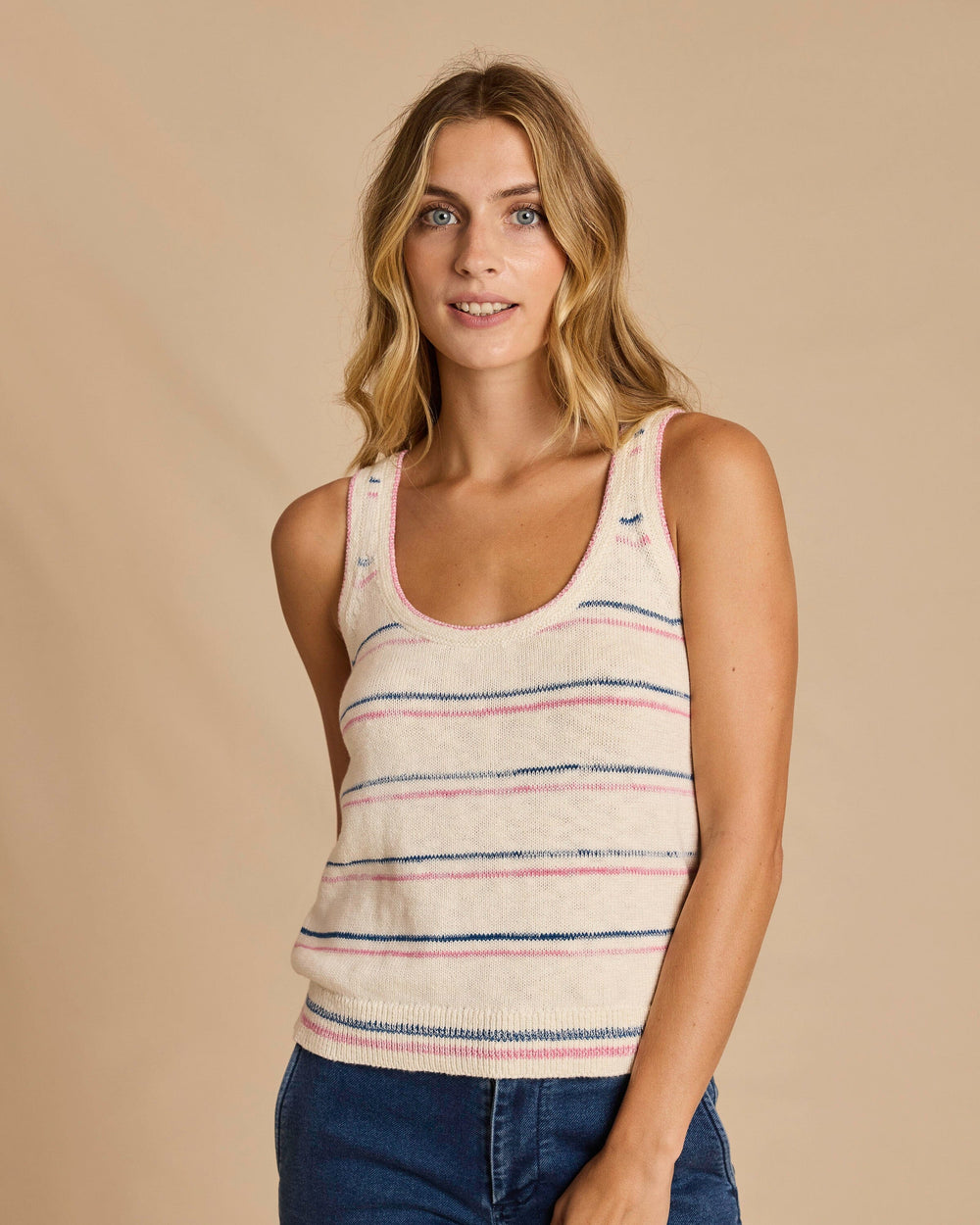 The front view of the Southern Tide Ivana Contrast Stripe Sweater Tank by Southern Tide - Star White