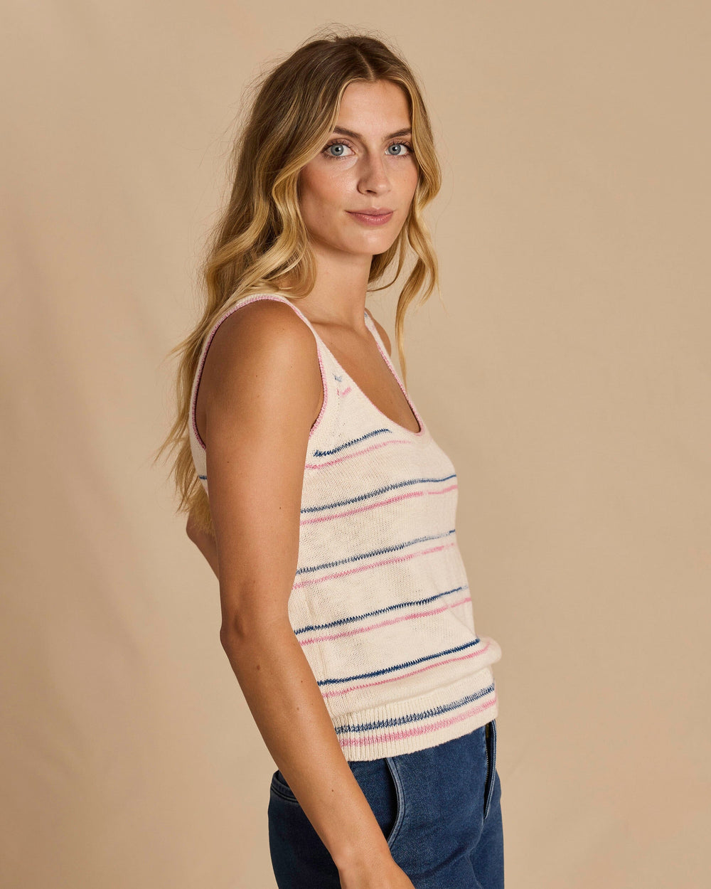 The side view of the Southern Tide Ivana Contrast Stripe Sweater Tank by Southern Tide - Star White