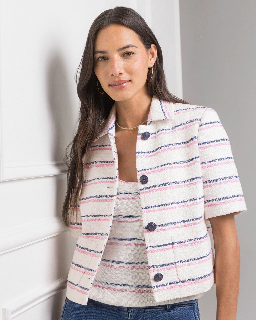The front view of the Southern Tide Izora Contrast Stripe Jacket by Southern Tide - Star White