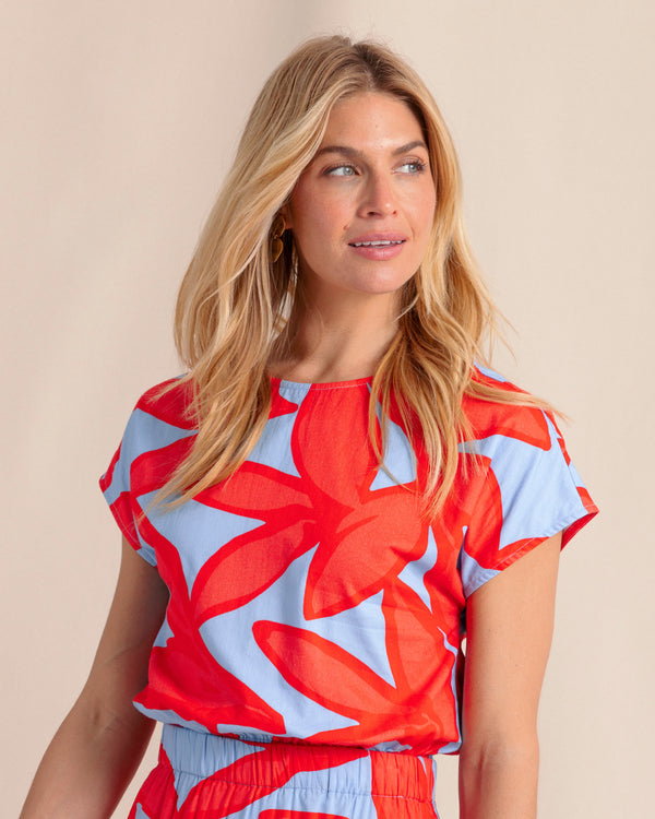 The front view of the Southern Tide Jaclyn Garden Glory Top by Southern Tide - Cerulean