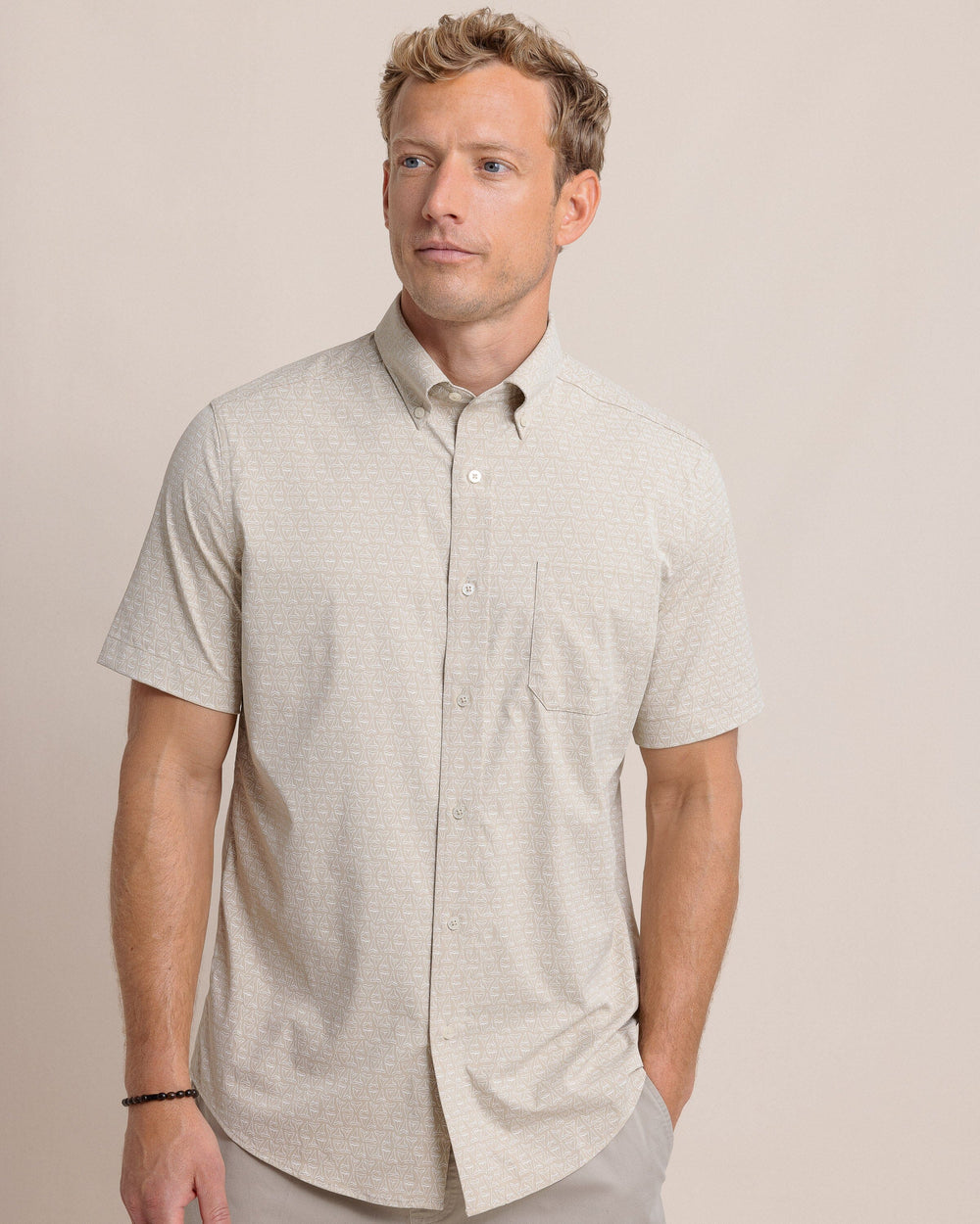 The front view of the Southern Tide Jaw Breakers Intercoastal Short Sleeve Sport Shirt by Southern Tide - Safari